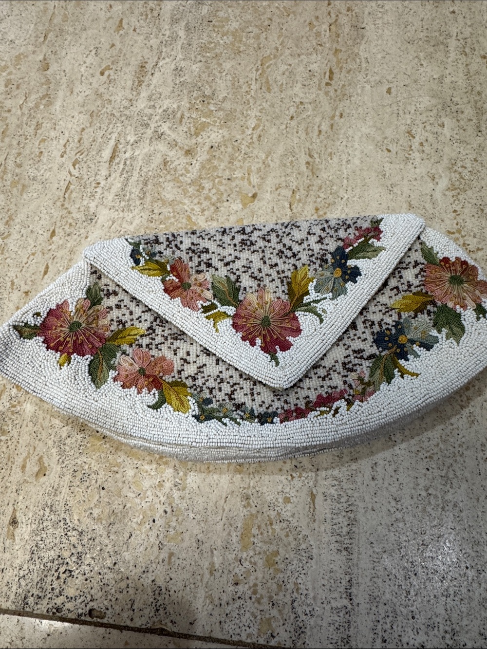 Beaded Floral Envelope Clutch - White Multi